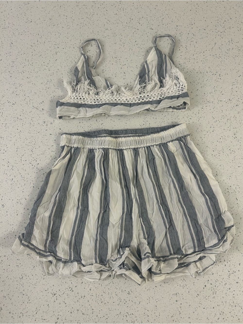 Striped Two-Piece Crop Top & Shorts Set - Cream & Gray